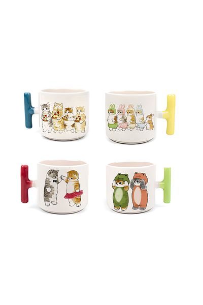 GünayStore NESCAFE & LATTE CUP SET OF 4 WITH COSTUME CAT PRINTED COLORFUL T HANDLE