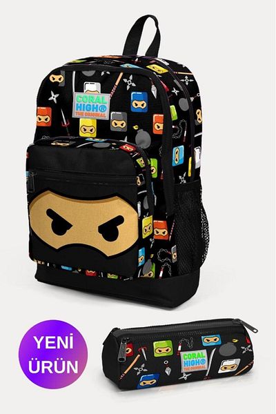 Coral High Kids Black Ninja Patterned 2-Piece School Bag Set GOSET0223473