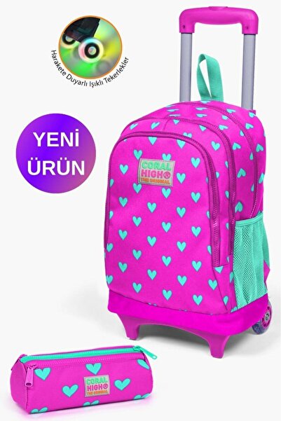 Coral High Kids Neon Pembe Su Yeşili Kalp Desenli Çekçekli 2'li Çanta Seti GO...