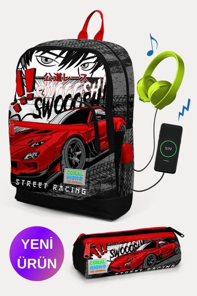 Coral High طقم حقيبة مدرسية مكونة من قطعتين بتصميم سيارة أنيمي أسود وأحمر للأ...