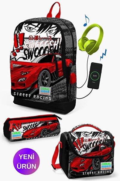 Kids Black Red Anime Car Pattern 3-Piece School Bag Set with USB GOSET0123847