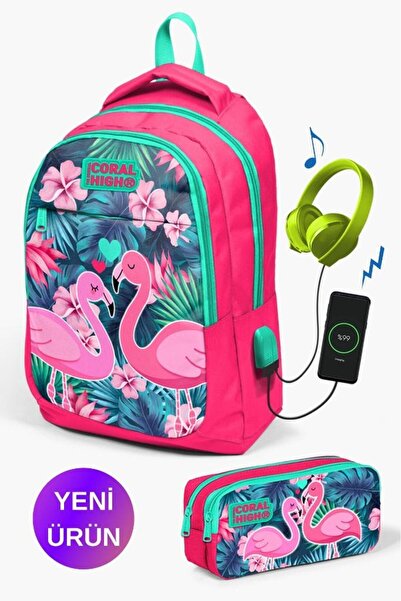 Coral High مجموعة حقائب مدرسية مكونة من قطعتين من نيون مرجاني مائي أخضر فلامي...