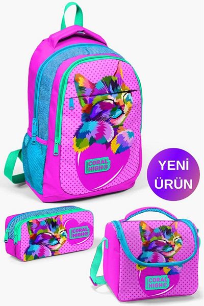 Coral High Kids Pink Blue Glittery Cat Patterned 3-Piece School Bag Set GOSET014387