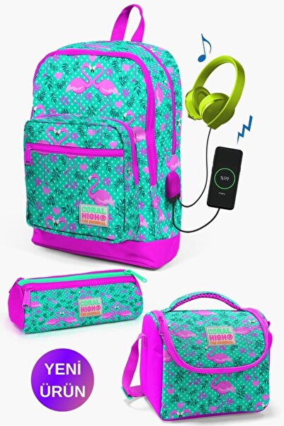 Coral High مجموعة حقائب مدرسية مكونة من 3 قطع بنمط فلامنغو باللون الأخضر الما...