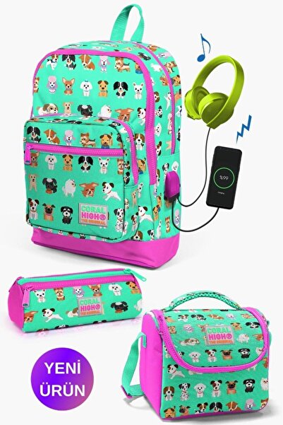 Coral High مجموعة حقائب مدرسية مكونة من 3 قطع بتصميم كلب أخضر نيون وردي اللون...