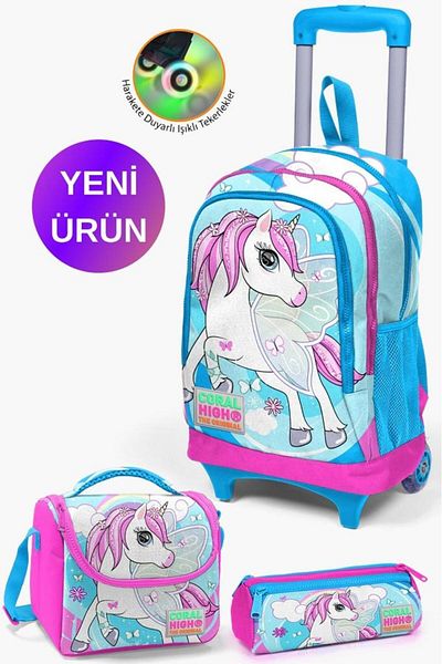 Coral High Set de genți cu 3 unități cu racletă cu tema Blue Neon Unicorno pentru băieți GOSET 0123911