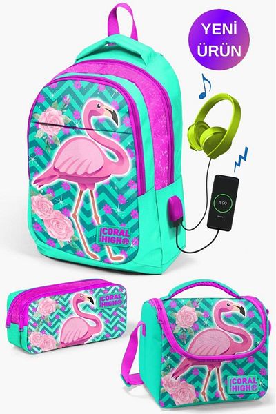 Coral High Set de genți de școală din 3 piese, cu model flamingo, verde apă, roz, cu USB GOSET 0123411