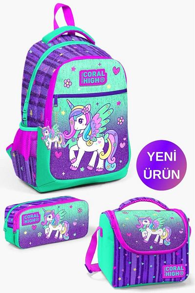 Coral High Set de genți de școală din 3 piese pentru copii, mov, verde, cu model unicorn GOSET 0123487