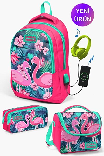 Coral High Kids Neon Coral Water Green Flamingo Patterned 3-Piece School Bag ...