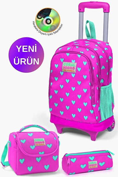 Coral High Kids Neon Pembe Su Yeşili Kalp Desenli Çekçekli 3'lü Çanta Seti GO...