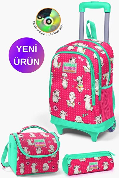 Coral High طقم حقائب أطفال من 3 قطع بنقشة الألبكة باللون الأخضر المرجاني الني...