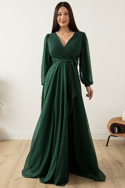 PULLIMM Double Breasted Collar Glitter Tulle Evening Dress 39427