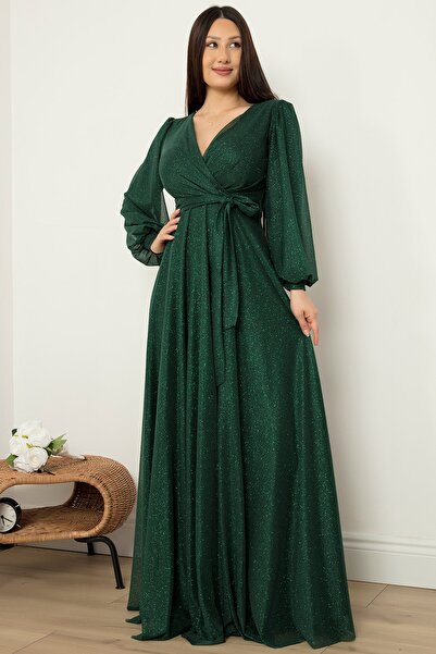 PULLIMM Βραδινό φόρεμα με διπλό γιακά ασημί τούλι 39427