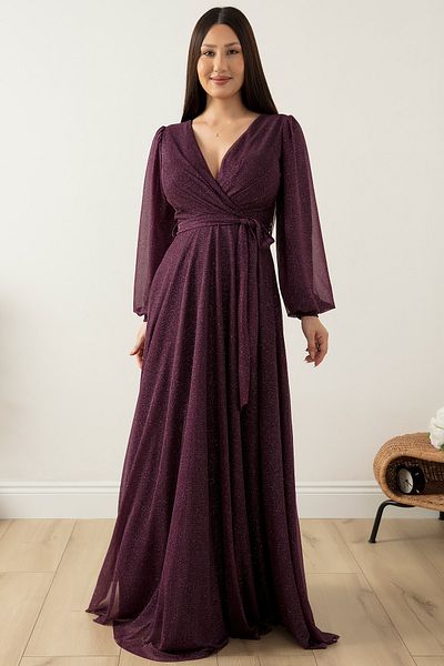 PULLIMM Double Breasted Collar Glitter Tulle Evening Dress 39427