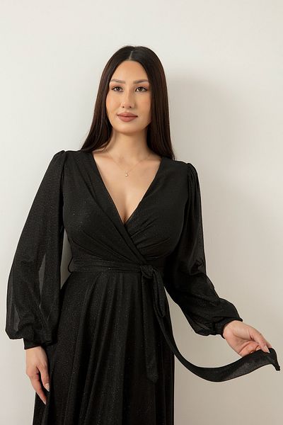 PULLIMM Double Breasted Collar Glitter Tulle Evening Dress 39427