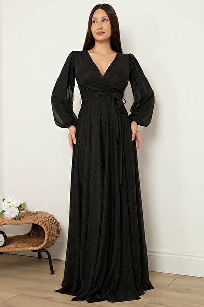 PULLIMM Kruvaze Yaka Simli Tül Abiye Elbise 39427