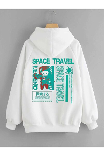 Unisex Beyaz Kapüşonlu Sweatshirt SpaceTravel Sırt Baskılı