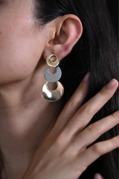 TÜKKAN ACCESSORİES ÖZEL SERİ GOLD/GÜMÜŞ/ROSE ÜÇ RENK DAİRE FİGÜR ÇELİK KÜPE-C...
