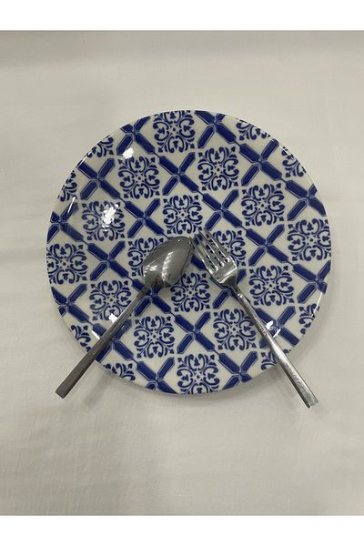 Kütahya Porselen Navy Blue Pattern Digital Printed 23 cm Set of 6 Sweet Presentation Plates