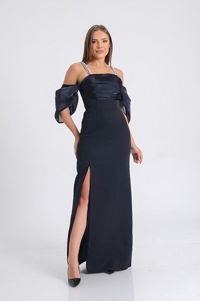SpringStore Rochie de seara neagra cu bretele cu fanta