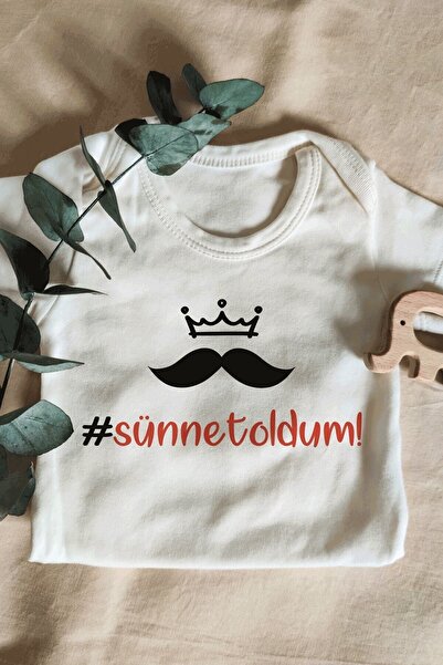 BabyLimon Erkek Bebek Beyaz Sünnet Oldum Yazılı Kısa Kol Organik Bebek Body