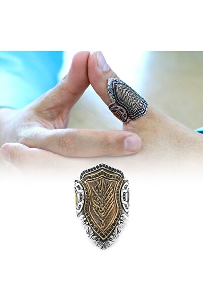 Tesbihane Siyah Zirkon Taşlı Mıhlamalı Arapça "Allah" Yazılı 925 Ayar Gümüş Erkek Okçu (Zihgir) Yüzüğü