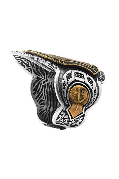 Tesbihane Siyah Zirkon Taşlı Mıhlamalı Arapça "Allah" Yazılı 925 Ayar Gümüş Erkek Okçu (Zihgir) Yüzüğü