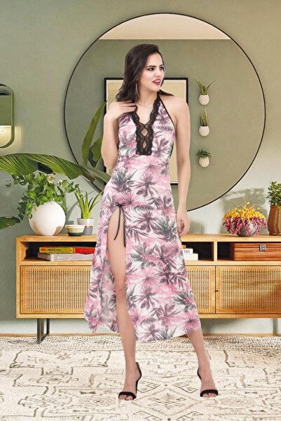İzabel Pink Leaf Patterned Black Lace Top Long Nightgown with Slit – Stylish ...
