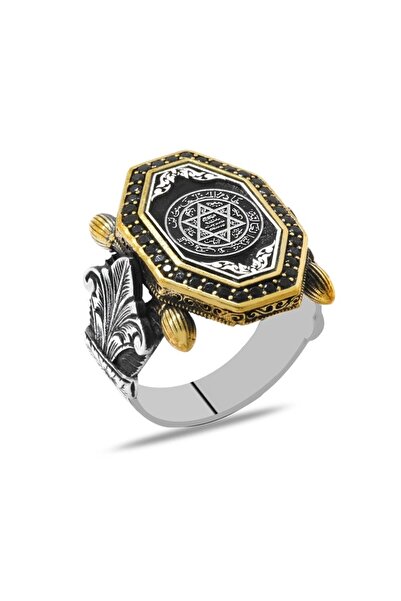 Tesbihane Siyah Zirkon Taş Mıhlamalı "Mühr-i Süleyman" İşlemeli Sekizgen Tasarım 925 Ayar Gümüş Erkek Yüzük