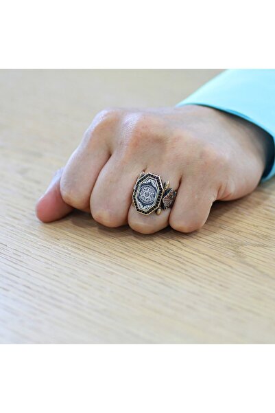 Tesbihane Siyah Zirkon Taş Mıhlamalı "Mühr-i Süleyman" İşlemeli Sekizgen Tasarım 925 Ayar Gümüş Erkek Yüzük