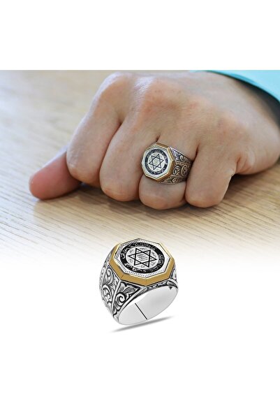 Tesbihane Gravür Desenli "Mühr-i Süleyman" İşlemeli Sekizgen Tasarım 925 Ayar Gümüş Erkek Yüzük