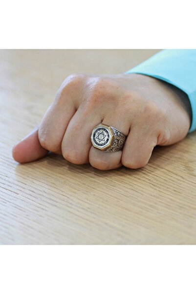 Tesbihane Gravür Desenli "Mühr-i Süleyman" İşlemeli Sekizgen Tasarım 925 Ayar Gümüş Erkek Yüzük