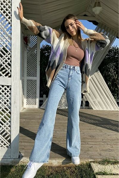 DRC trend Pantaloni largi din lycra albastru cu spălare pe zăpadă, cu talie foarte înaltă, Wideleg Palazzo