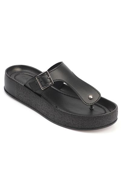 Capone Outfitters Capone Flip-Flops mit seitlicher Gürtelschnalle, bunter detaillierter Keilabsatz, schwarze Damen-Hausschuhe