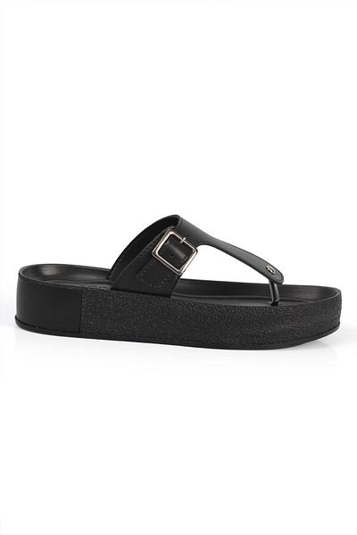 Capone Outfitters Capone Flip-Flops mit seitlicher Gürtelschnalle, bunter detaillierter Keilabsatz, schwarze Damen-Hausschuhe