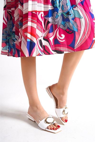Capone Outfitters Capone Skin Short Heeled White Women's Slippers with Transparent Bands