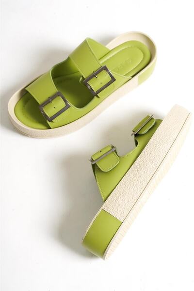 Capone Outfitters Capone přezka s dvojitým páskem Pistáciově zelená Dámské pantofle na klínovém podpatku Pistáciově zelené