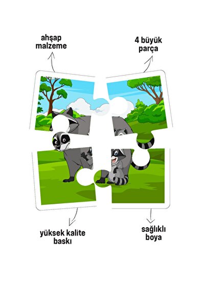 Genel Markalar 5 Adet Ahşap 4 Parça Yapboz Bebeğimin İlk Pazıl Seti (Aslan_Ayı_Panda_Zebra_Gergeden)