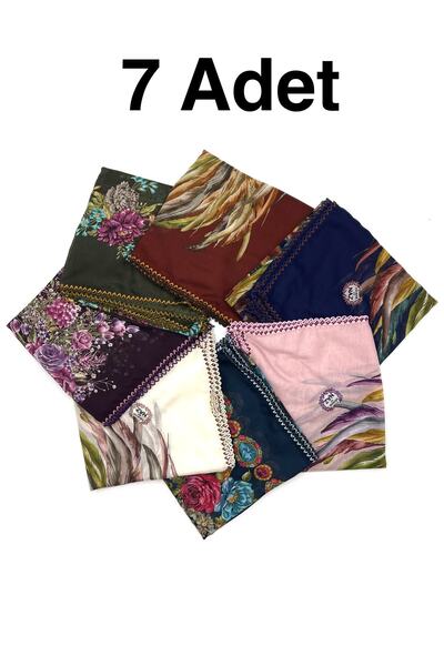 nazipek Kenarları Oyalı 7'li Set %100 Pamuklu Yazma 100X100cm Eşarp Toptan Da...