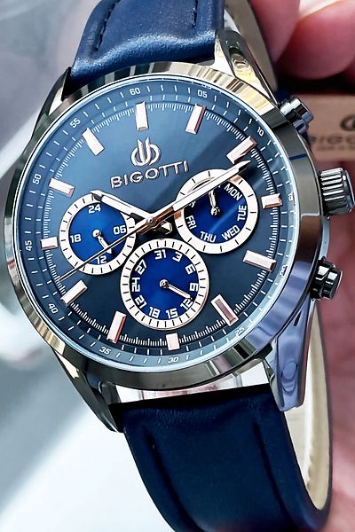 Bigotti Men's Wristwatch 5 Atm Waterproof 100% Leather Strap Dark Blue Color