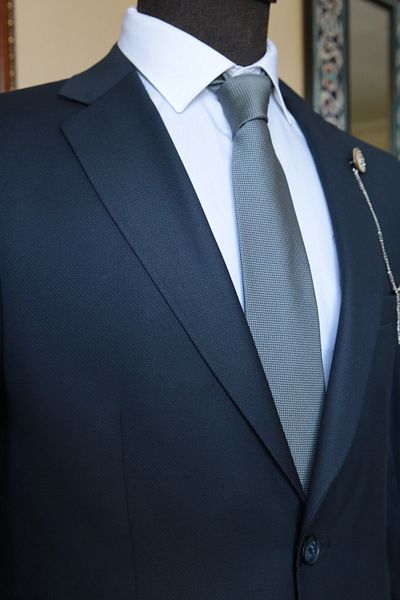 Querinca Dobby Navy Blue Suit (with Collar Ornament and Tie Gift)