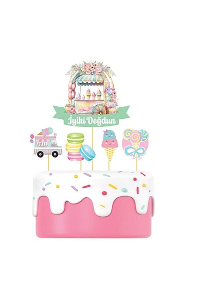 Big Party Cake Top Toothpick Summer Themed Macaron 5 pcs