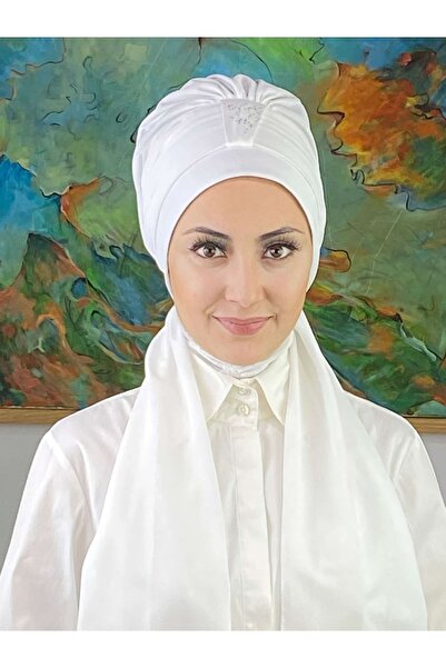 BUTİKAMBAR Hürrem Model Tek Biritli Atkılı Taşlı Beyaz Bone