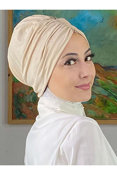 BUTİKAMBAR Sultan Model Taşlı Krem Büzgülü Bone