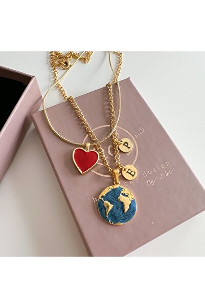 CHARMLUCKY Kırmızı Kalp-dünya Harfli Kolye
