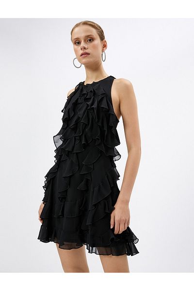 Koton Mini-Abendkleid, Chiffon, Rüschen, Neckholder, gefüttert