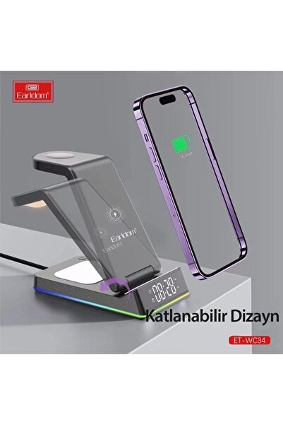 Fogy Katlanabilir 5in1 15W Dijital Saatli RGB Işıklı Magsafe Masaüstü Kablosuz Şarj Standı - Siyah