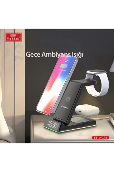 Fogy Katlanabilir 5in1 15W Dijital Saatli RGB Işıklı Magsafe Masaüstü Kablosuz Şarj Standı - Siyah