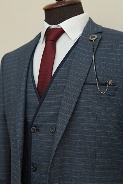 Querinca Kruvaze Yelekli Çizgili Takım Elbise(kravat Ve Yaka Süsü Hediye)