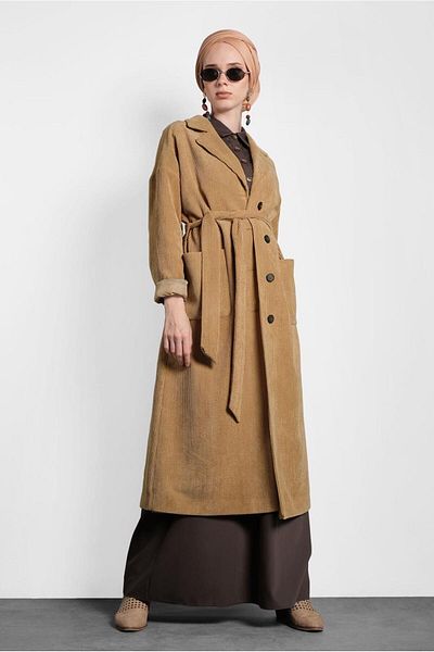 TRENDTESETTÜR Γυναικεία καφέ (CAMEL) Καμπαρντίνα με ζώνη με κουμπιά 10139